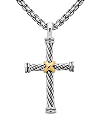 Cable Cross Pendant In Sterling Silver With 18k Yellow Gold, 35mm
