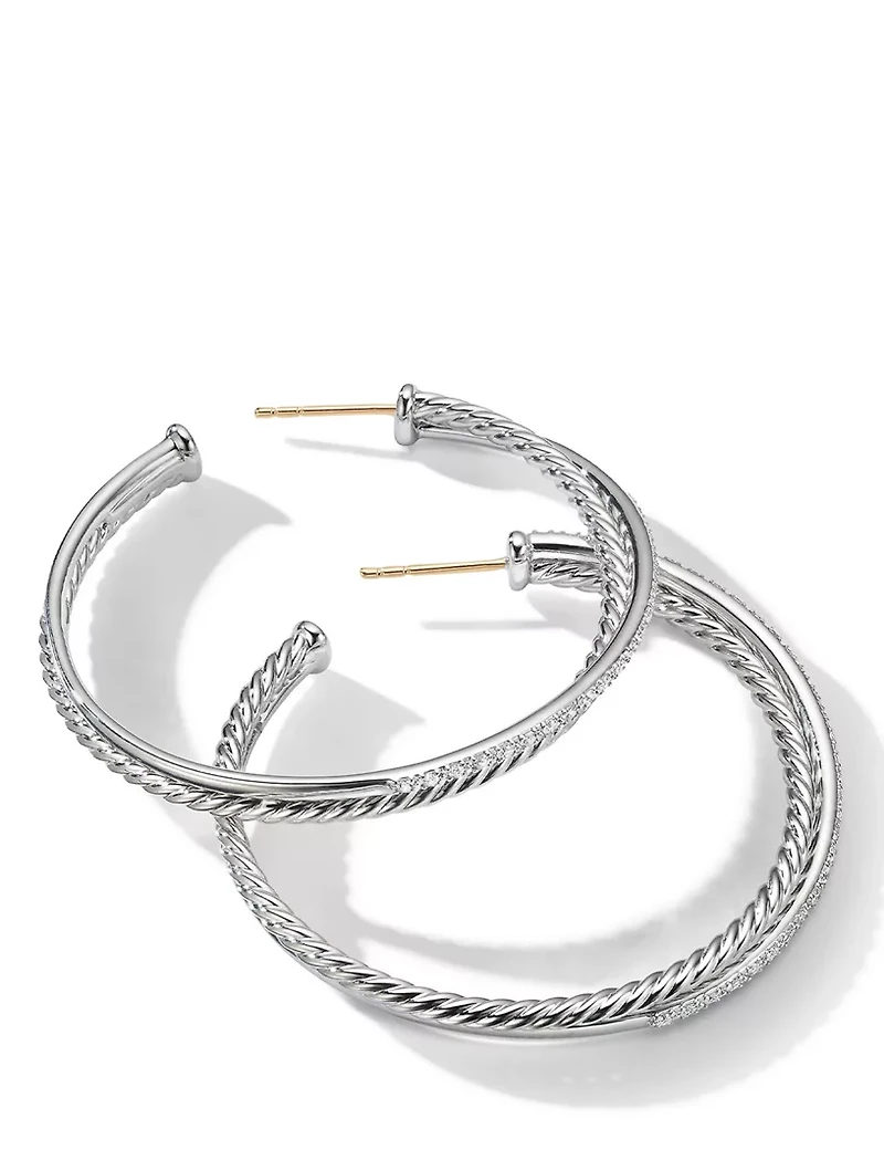 Crossover Hoop Earrings In Sterling Silver With Pavé Diamonds
