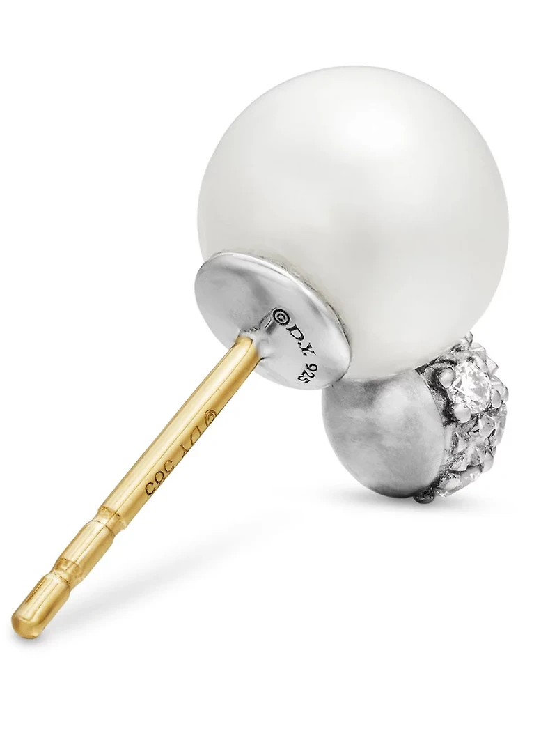Pearl And Pavé Solari Stud Earrings In Sterling Silver With Pearls And Diamonds, 13mm