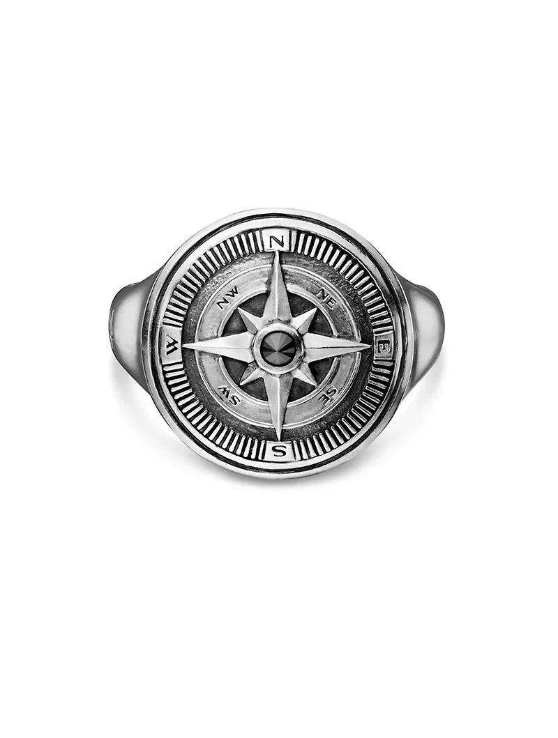 Maritime® Compass Signet Ring Sterling Silver With Center Black Diamond, 19.4mm