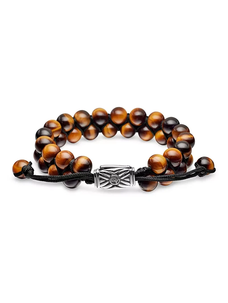 Spiritual Beads Two Row Woven Bracelet Sterling Silver With Tiger’s Eye, 8mm
