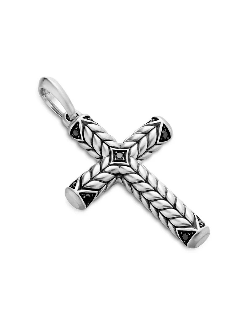 Chevron Cross Pendant In Sterling Silver With Black Diamonds, 36mm
