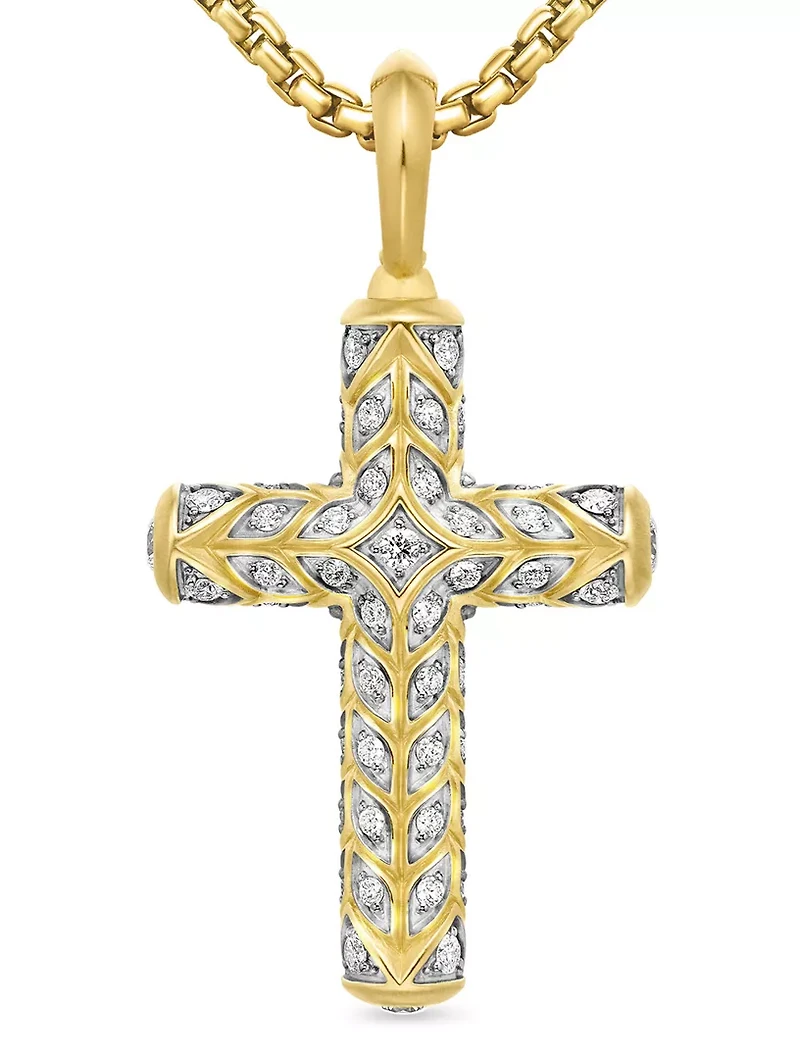 Chevron Cross Pendant In 18k Yellow Gold With Pavé Diamonds, 36mm
