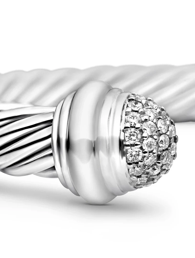 Classic Cable Bracelet In Sterling Silver With Pavé Diamond Domes, 7mm