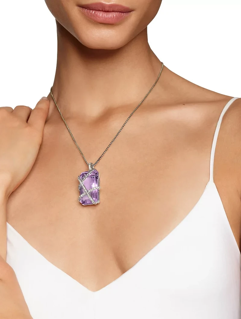 Cable Wrap Amulet In Sterling Silver With Lavender Amethyst And Diamonds, 31mm