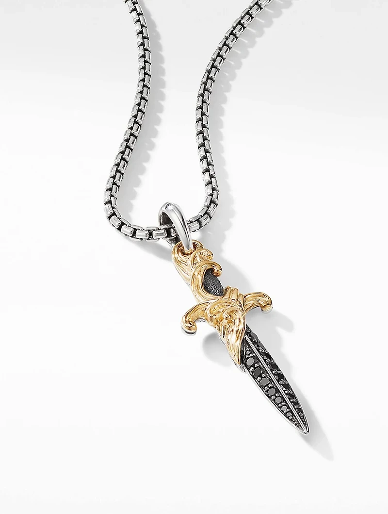 Waves Dagger Amulet In Sterling Silver With Pavé Black Diamonds And 18k Yellow Gold