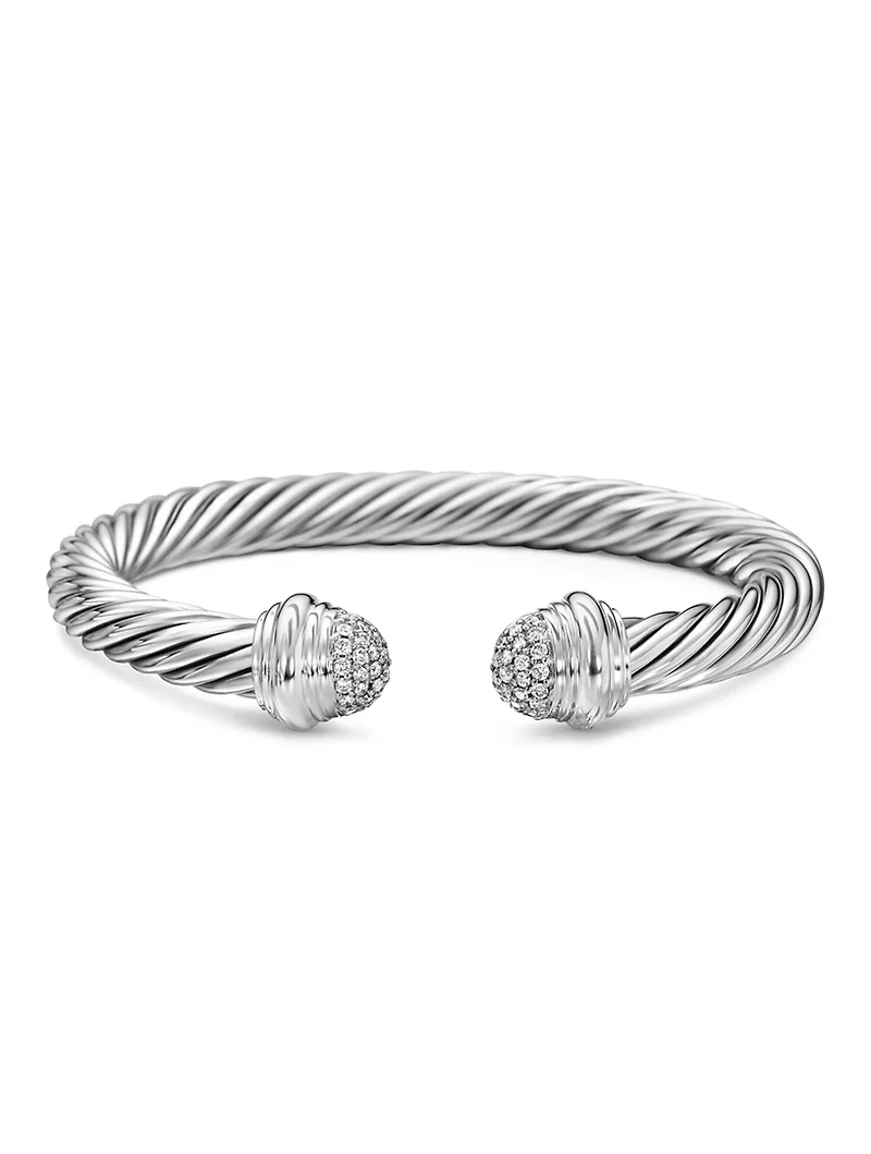 Classic Cable Bracelet In Sterling Silver With Pavé Diamond Domes, 7mm