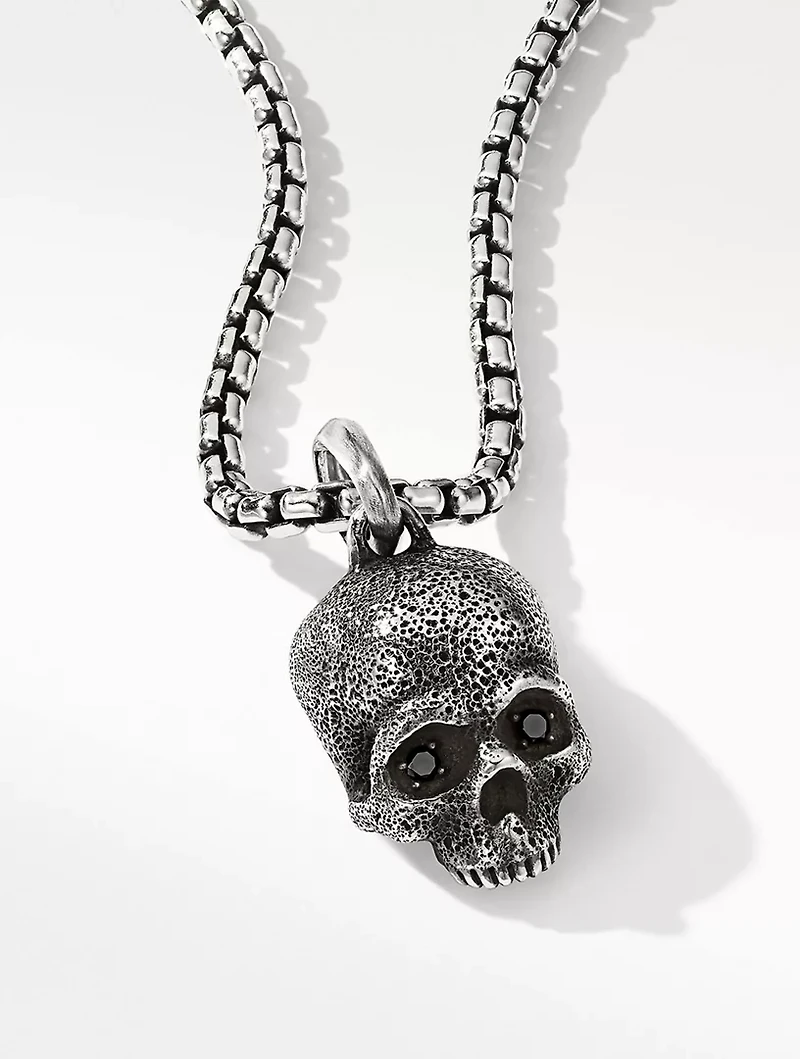 Memento Mori Skull Amulet In Sterling Silver With Pavé Black Diamonds