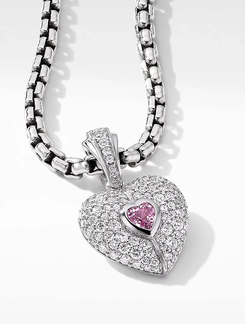 Sy Heart Amulet In 18k White Gold With Pavé Diamonds And Pink Sapphire