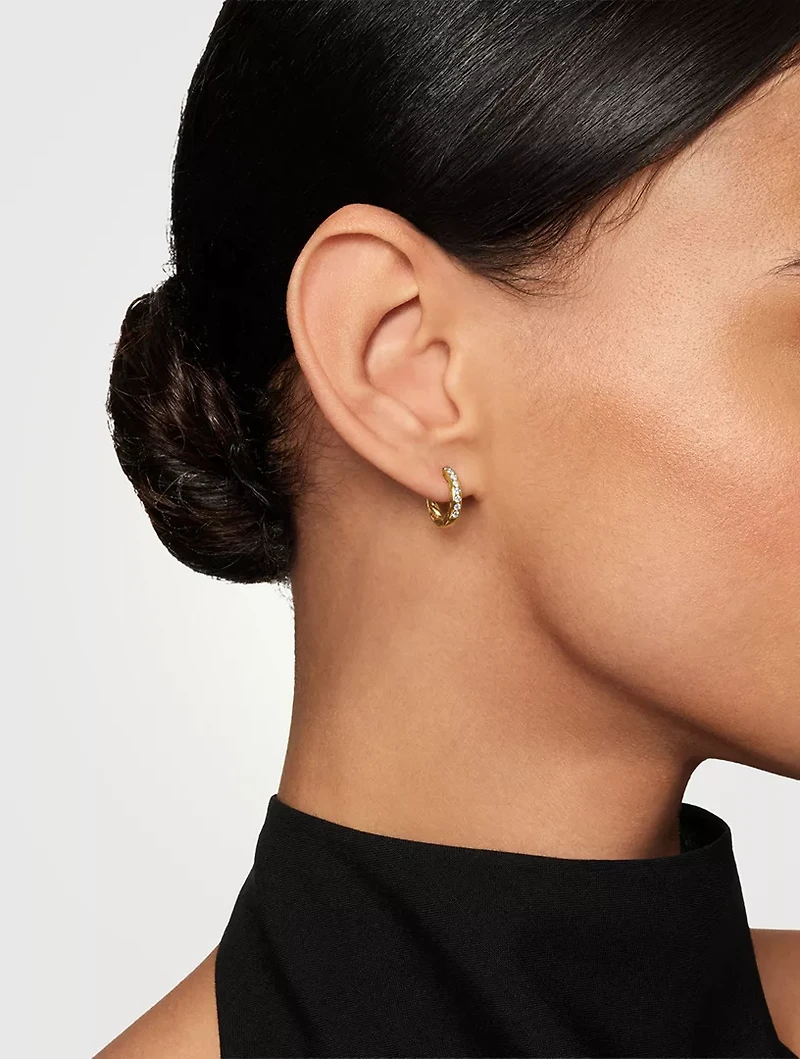 Pavé Huggie Hoop Earrings In 18k Yellow Gold With Diamonds, 13mm