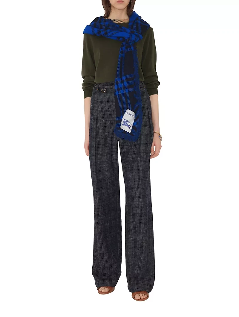 Wide Check Wool Silk Scarf