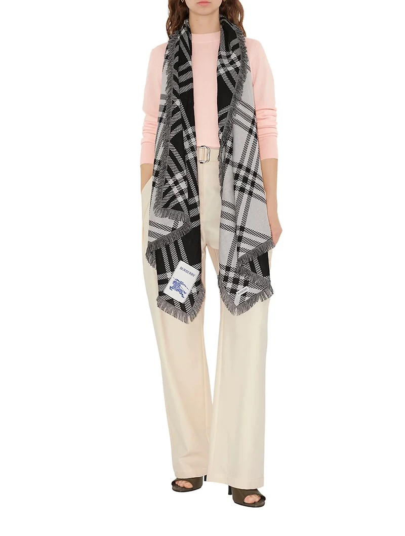 Wide Check Wool Silk Scarf