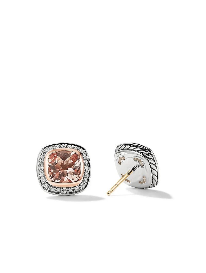 Albion® Stud Earrings In Sterling Silver With Morganite, Pavé Diamonds And 18k Rose Gold
