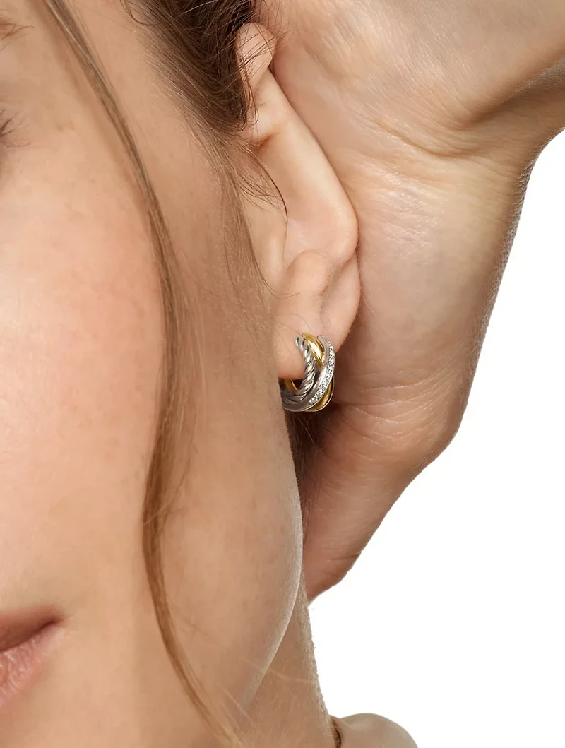 Crossover Three Row Huggie Hoop Earrings In Sterling Silver With 18k Yellow Gold, 13mm