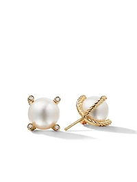 Cable Pearl Stud Earrings In 18k Yellow Gold With Diamonds