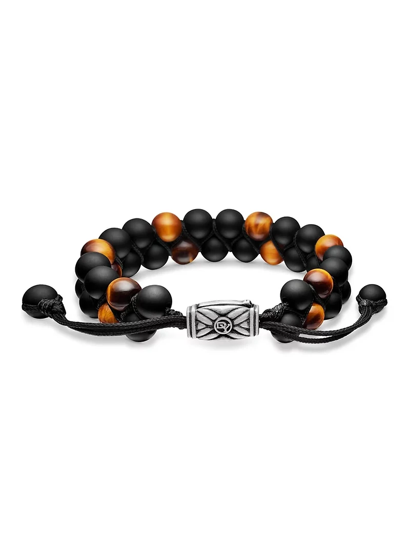 Spiritual Beads Two Row Woven Bracelet Black Onyx, Tiger’s Eye, Nylon And Sterling Silver, 8mm