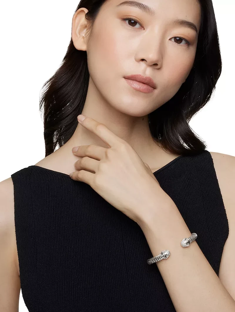 Classic Cable Bracelet In Sterling Silver With Pavé Diamond Domes, 7mm