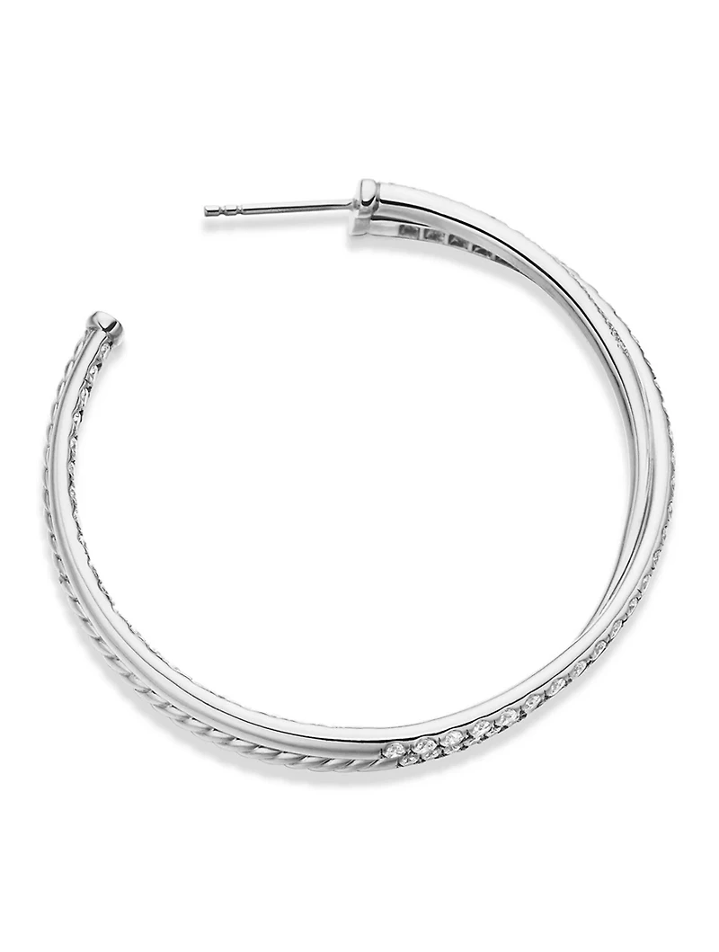 Pavé Crossover Hoop Earrings In 18k White Gold With Diamonds, 1.75in