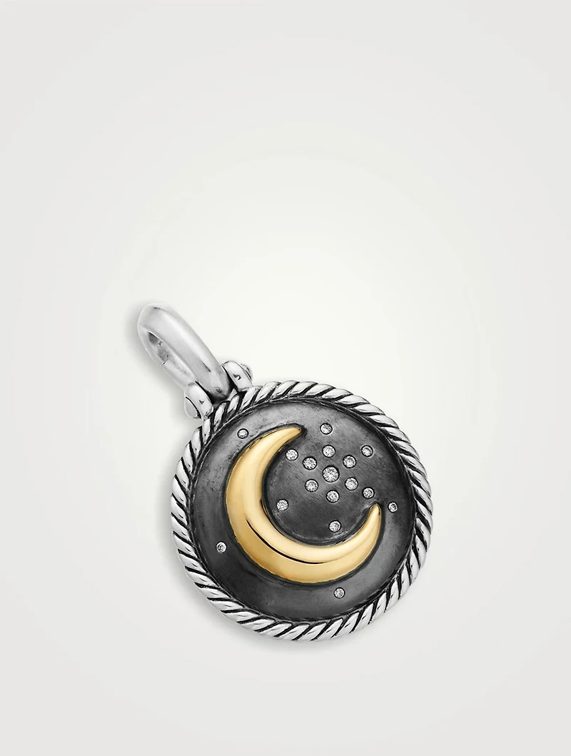 Moon And Star Amulet In Sterling Silver With 18k Yellow Gold And Diamonds, 21mm