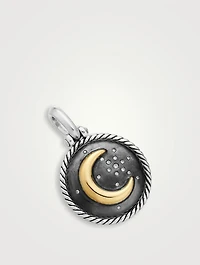 Moon And Star Amulet In Sterling Silver With 18k Yellow Gold And Diamonds, 21mm