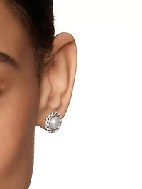 Pearl Classics Cable Halo Button Earrings In Sterling Silver With Diamonds, 13mm