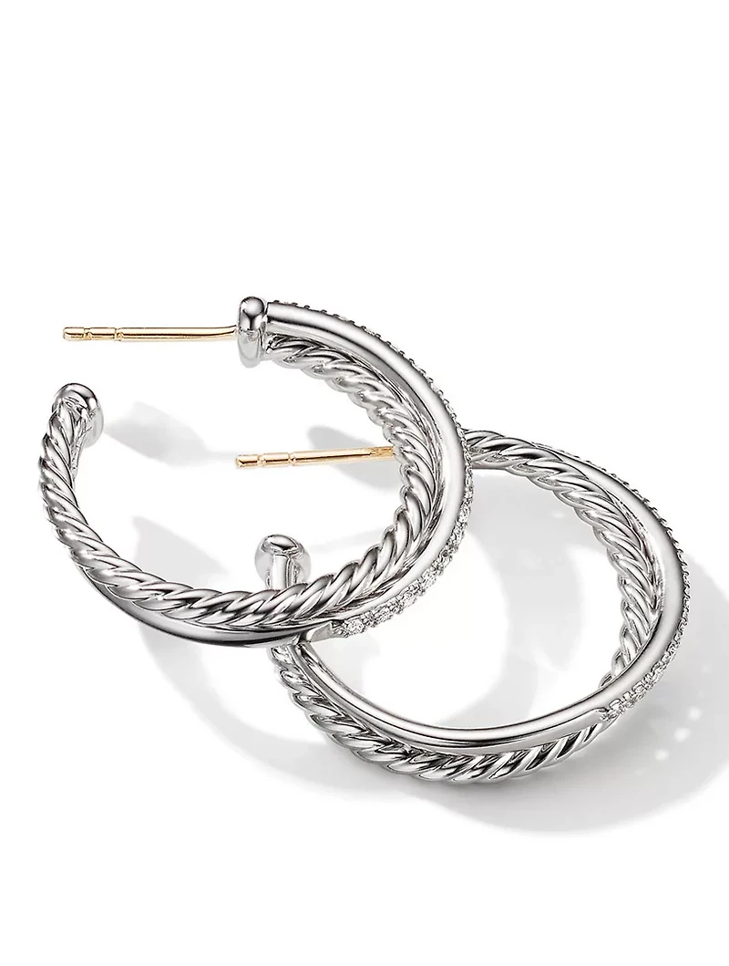 Crossover Hoop Earrings In Sterling Silver With Pavé Diamonds