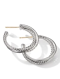 Crossover Hoop Earrings In Sterling Silver With Pavé Diamonds