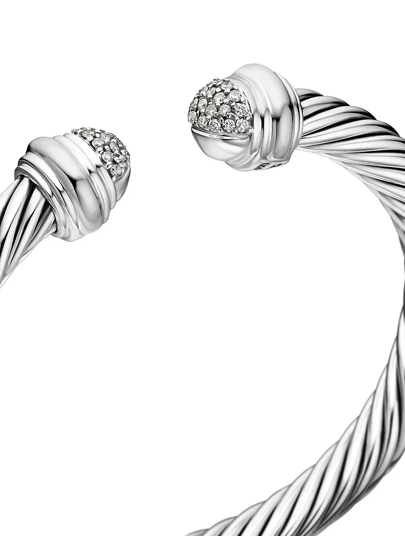 Classic Cable Bracelet In Sterling Silver With Pavé Diamond Domes, 7mm