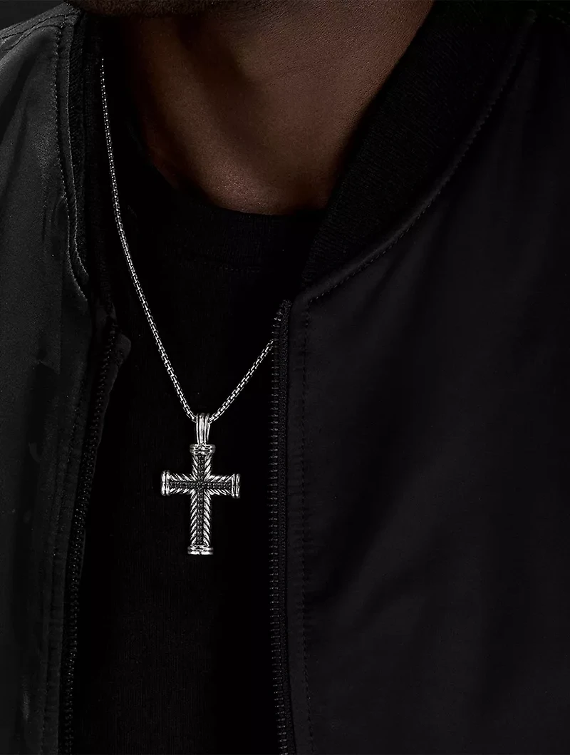 Chevron Cross Pendant In Sterling Silver With Pavé Black Diamonds