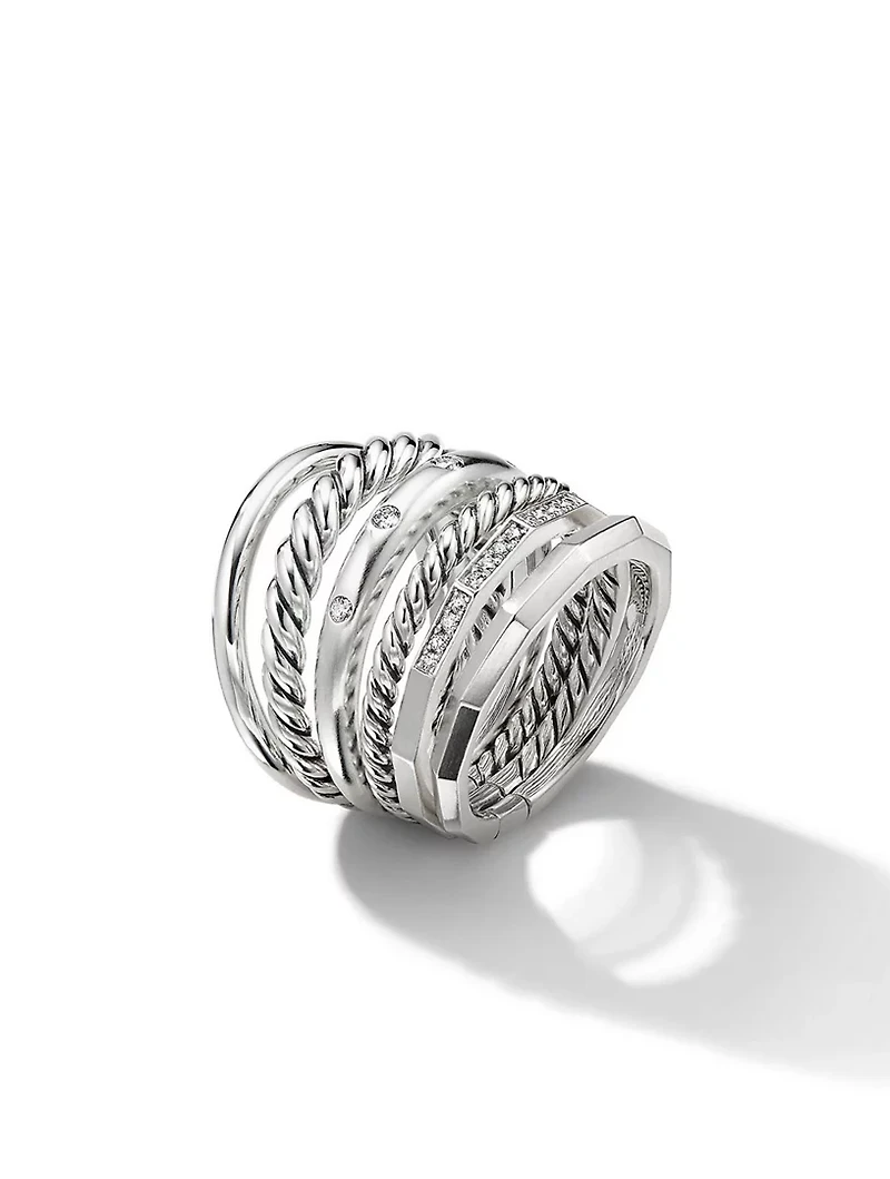 Stax Six Row Ring Sterling Silver With Pavé Diamonds