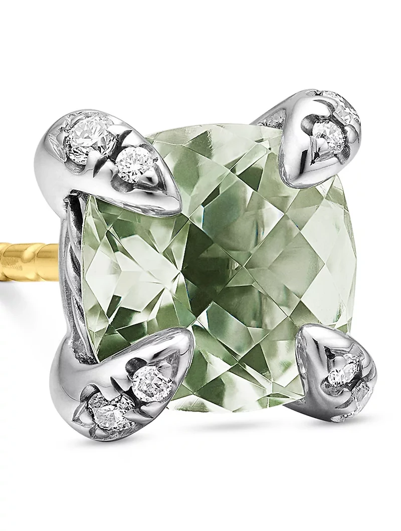 Petite Chatelaine® Stud Earrings In Sterling Silver With Prasiolite And Diamonds, 6mm