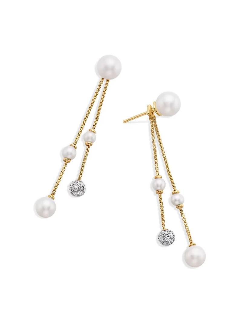 Pearl And Pavé Two Row Drop Earrings In 18k Yellow Gold With Pearls And Diamonds, 2.1in