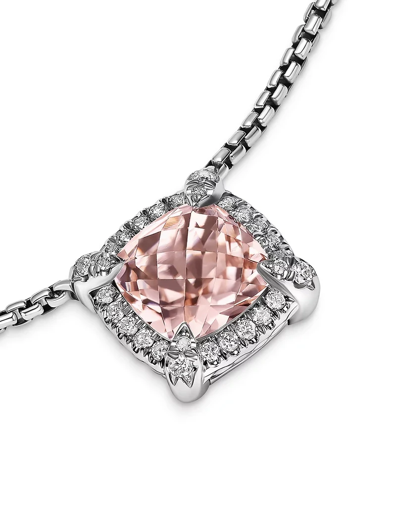 Petite Chatelaine® Pavé Bezel Pendant Necklace In Sterling Silver With Morganite And Diamonds, 7mm