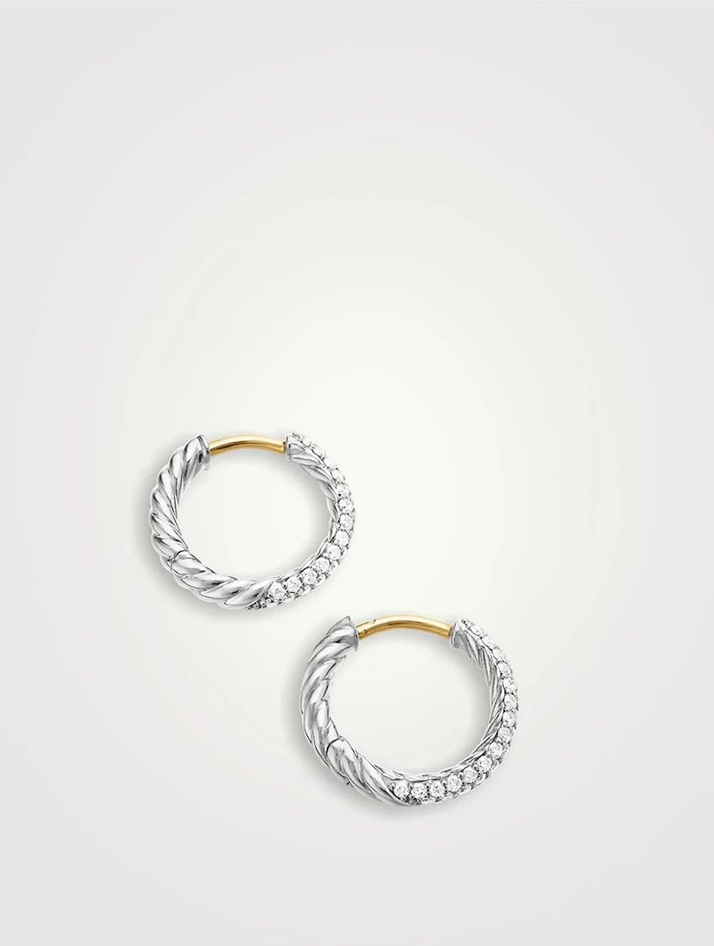 Petite Pavé Huggie Hoop Earrings In Sterling Silver With Diamonds, 14mm