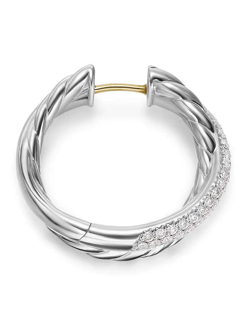 Crossover Hoop Earrings In Sterling Silver With Diamonds, 22.4mm