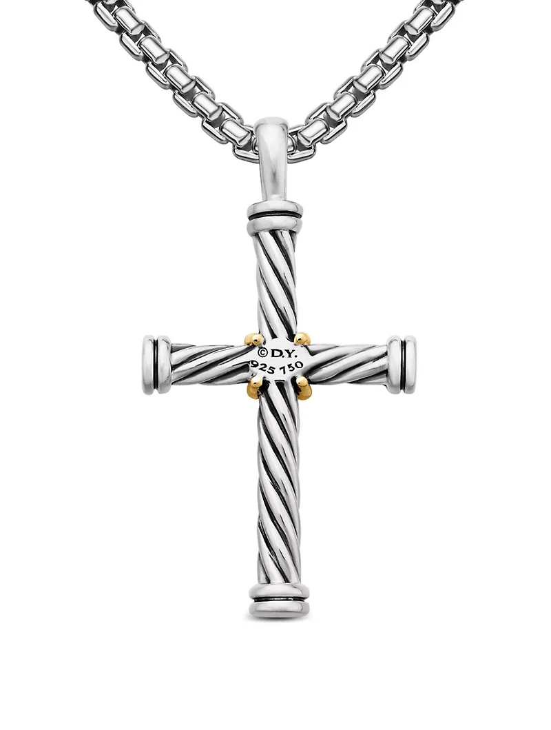 Cable Cross Pendant In Sterling Silver With 18k Yellow Gold, 35mm