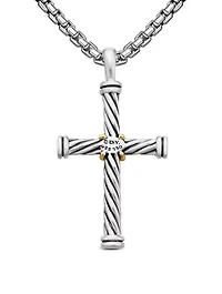 Cable Cross Pendant In Sterling Silver With 18k Yellow Gold, 35mm