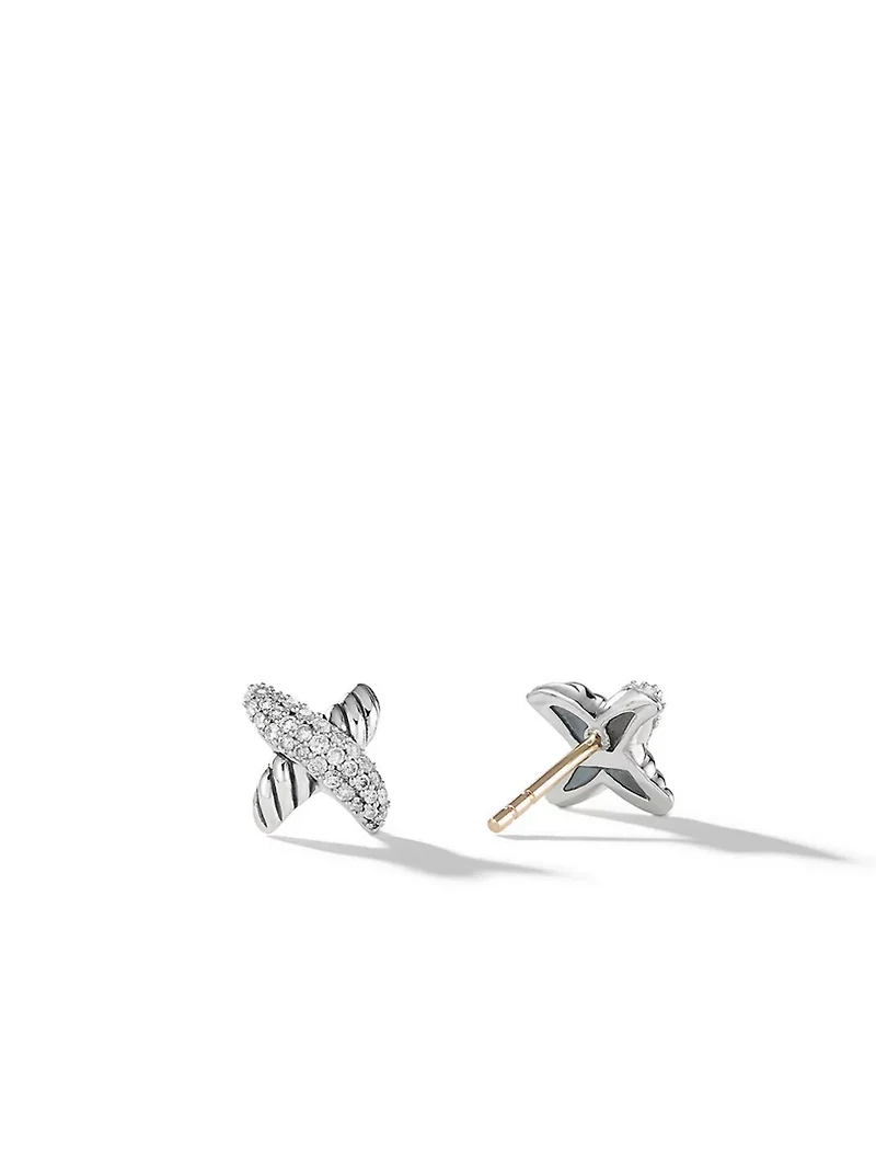 Petite X Stud Earrings In Sterling Silver With Pavé Diamonds