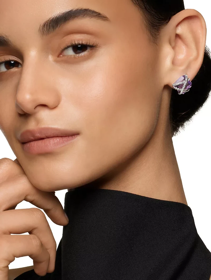 Cable Wrap Stud Earrings In Sterling Silver With Lavender Amethyst And Diamonds, 12mm