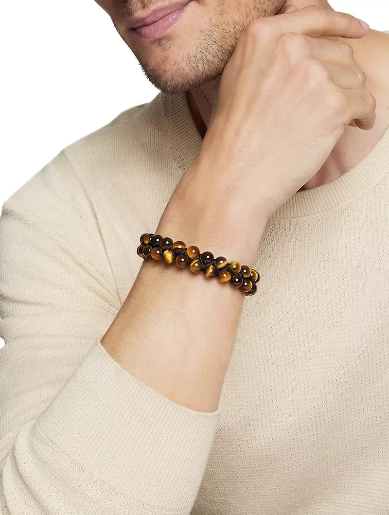 Spiritual Beads Two Row Woven Bracelet Sterling Silver With Tiger’s Eye, 8mm