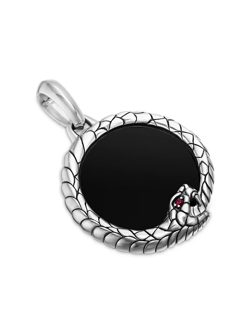 Ouroboros Amulet In Sterling Silver With Black Onyx And Ruby, 25mm