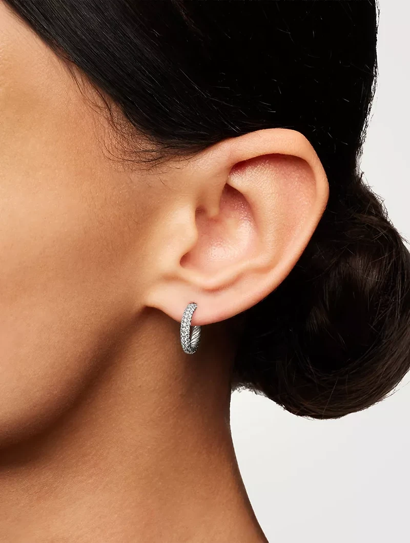 Petite Pavé Huggie Hoop Earrings In Sterling Silver With Diamonds, 14mm