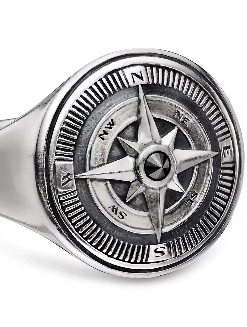 Maritime® Compass Signet Ring Sterling Silver With Center Black Diamond, 19.4mm