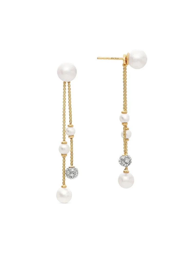 Pearl And Pavé Two Row Drop Earrings In 18k Yellow Gold With Pearls And Diamonds, 2.1in