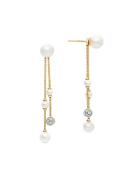 Pearl And Pavé Two Row Drop Earrings In 18k Yellow Gold With Pearls And Diamonds, 2.1in