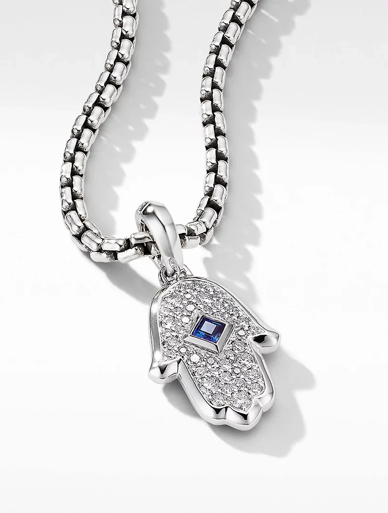 Hamsa Amulet In 18k White Gold With Pavé Diamonds And Blue Sapphire