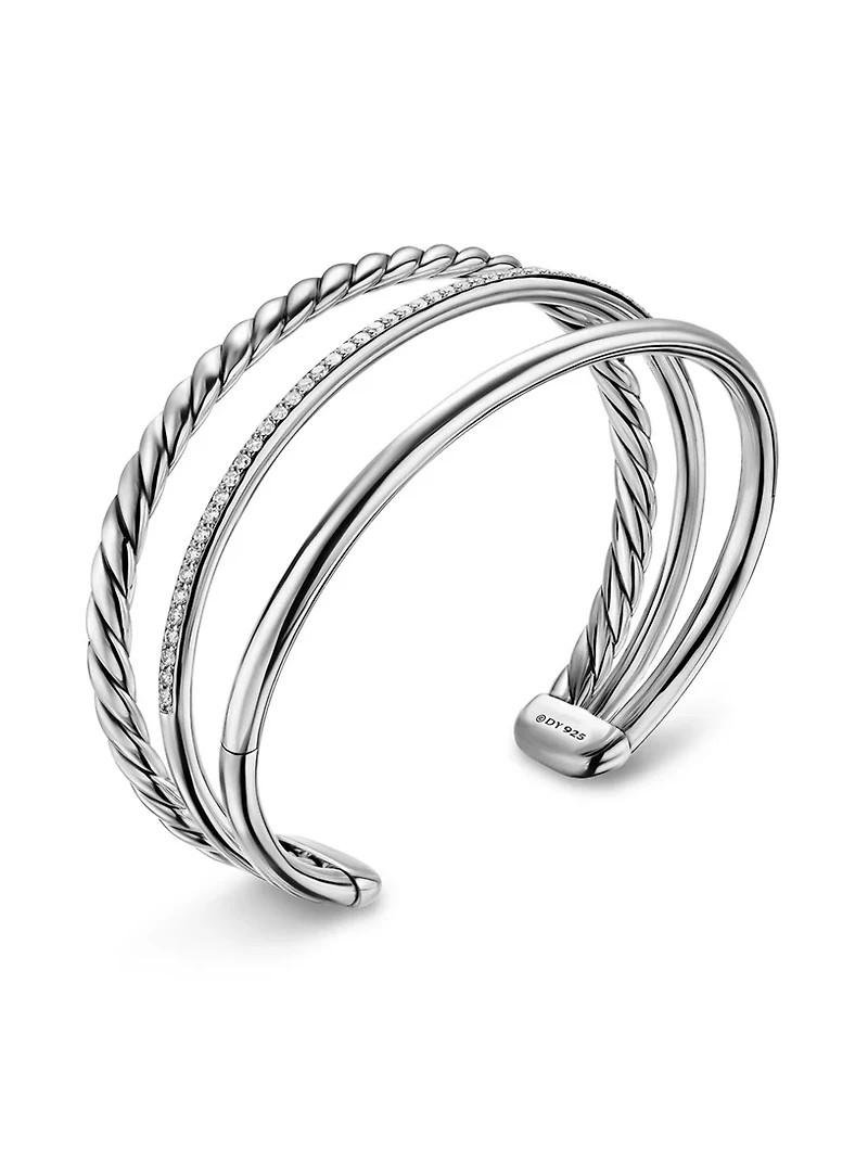 Dy Mercer® Three Row Cuff Bracelet Sterling Silver With Diamonds, 10.4mm