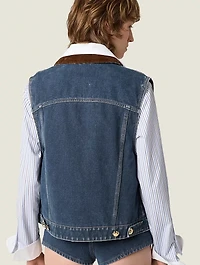 Flocked Denim And Velvet Vest