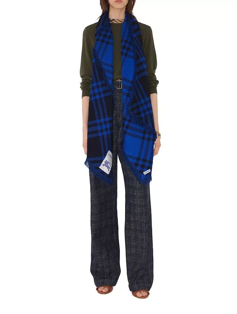 Wide Check Wool Silk Scarf