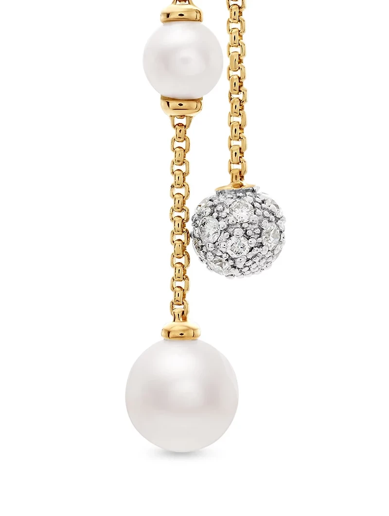 Pearl And Pavé Two Row Drop Earrings In 18k Yellow Gold With Pearls And Diamonds, 2.1in